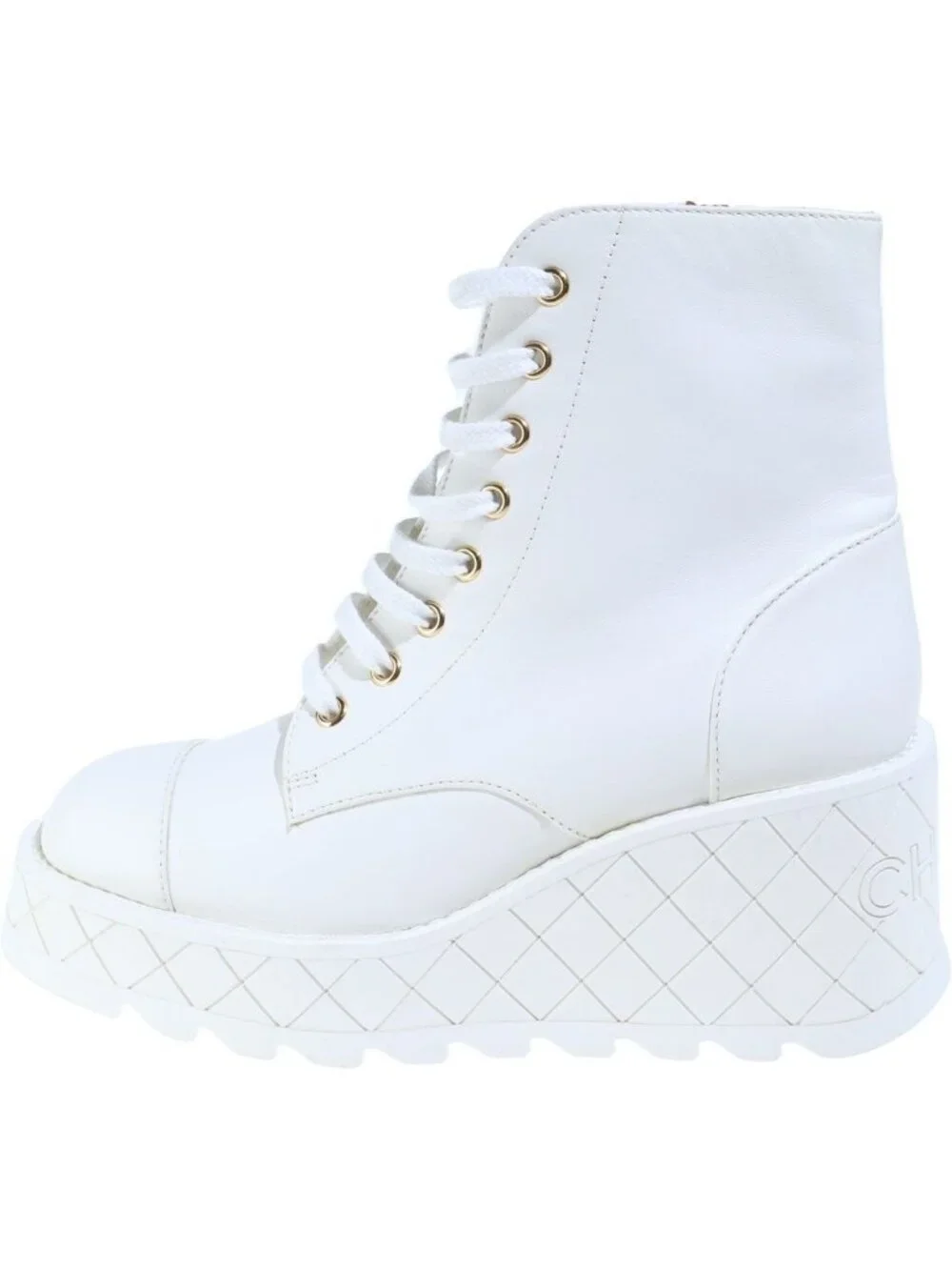 Chanel Combat Boots Shoes Platform White Gold Lambskin